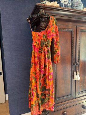 En Creme Orange Floral One-Shoulder Maxi Dress with Pink & Green Accents